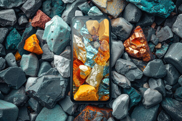 Conceptual art showing rare earth metals in abstract forms, highlighting their importance in current tech innovations like smartphones and EVs.. AI generated.