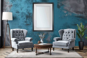 Blue living room wall background, with gray decorative chairs, lamp frame center table and poster style. HD, realistic, copy space, Generative ai