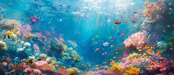 Fototapeta premium A vibrant coral reef teeming with colorful fish and marine life, viewed through crystal-clear summer waters