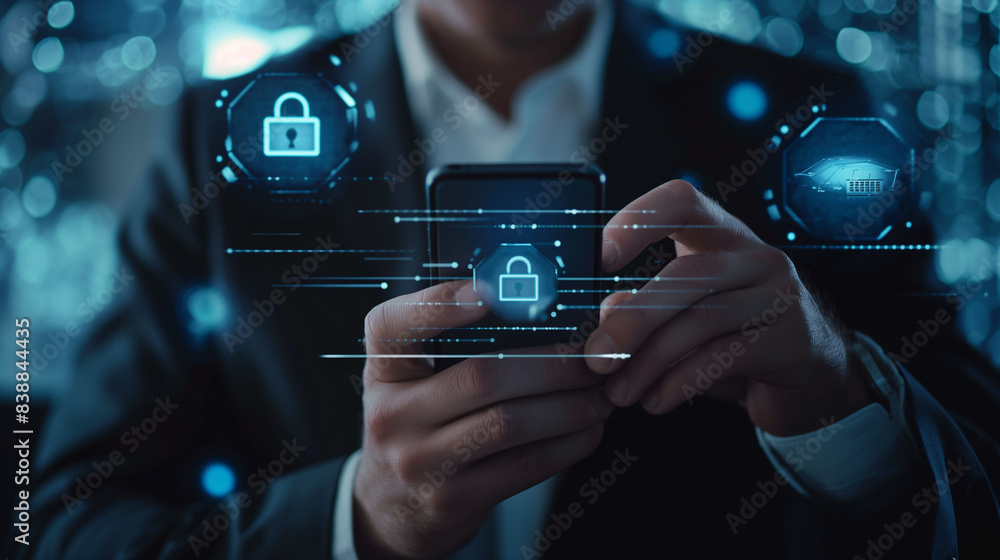 Poster a business executive utilizing his smartphone to employ cybersecurity measures for protecting person