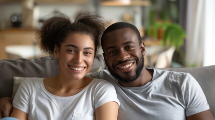Fototapeta premium Cheerful multiracial couple, sitting on sofa, living room, relaxed, loving expressions, cozy atmosphere, casual attire, happiness.