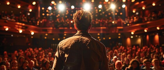 A student receiving an award on stage, with an audience clapping and cheering