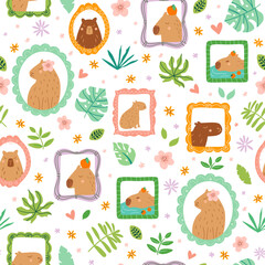 Capybara portrait seamless pattern design. Cute animal portrait in frame on the jungle wall. Summer vector print, background, funny floral wallpaper, patchwork textile design. Childish cartoon paper.