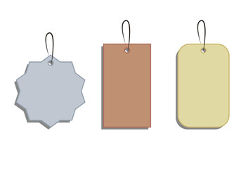 Etiquetas vacías de productos de color gris, naranja y verde.