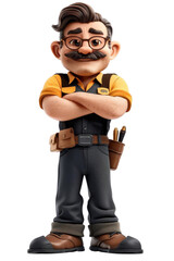 Cheerful cartoon mechanic with a mustache, arms crossed, in uniform with tools. Ready to work and assist with repairs.  isolated on a transparent background.