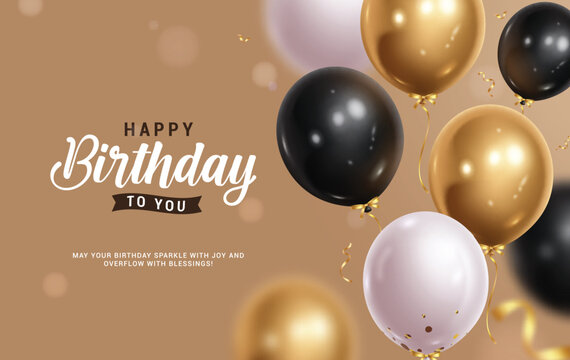 Happy birthday greeting vector design. Birthday greeting text with gold shiny, glossy black and white balloons floating for elegant invitation card background. Vector illustration birthday card 