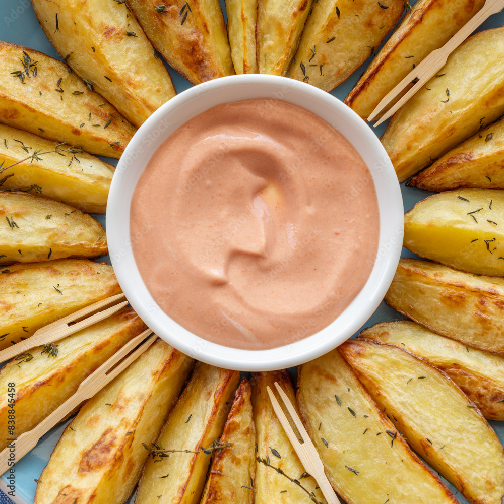 Wall mural Baked potato chips, rose sauce for tasty snack.