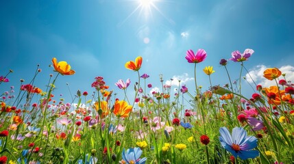 A meadow filled with bright wildflowers in full bloom, under a clear blue sky