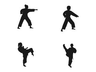 Karate girl silhouette. A girl in a kimono took a fighting stance. Woman practicing taekwondo silhouette vector illustration.  This is a martial arts silhouette design. isolated in white background.