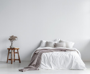 Minimalist bedroom interiors with minimal decor, neutral colors and copyspace for text. Interior design home decor composition.