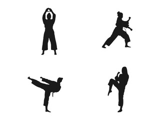 Karate girl silhouette. A girl in a kimono took a fighting stance. Woman practicing taekwondo silhouette vector illustration.  This is a martial arts silhouette design. isolated in white background.