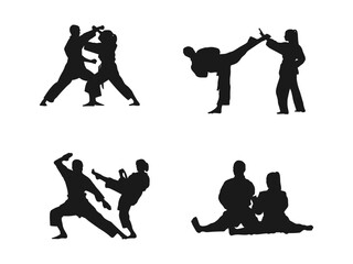 karate girl and boy fighting against silhouettes. Asian martial arts, isolated vector black silhouettes. karate boys silhouettes. This is a martial arts silhouette design. isolated in white background