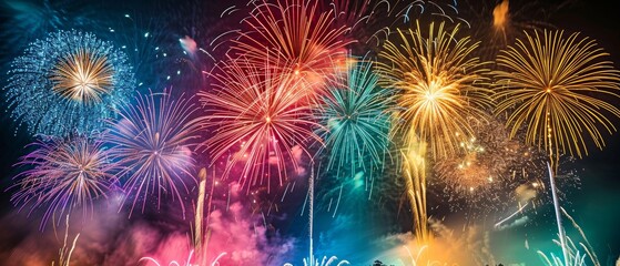 Fototapeta premium A dazzling fireworks display against a night sky, with bright colors bursting in patterns