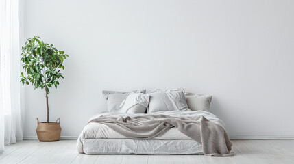 Minimalist bedroom interiors with minimal decor, neutral colors and copyspace for text. Interior design home decor composition.