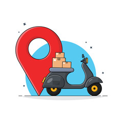 Black Scooter with Boxes and Location Sign Vector Illustration. Delivery Concept Design
