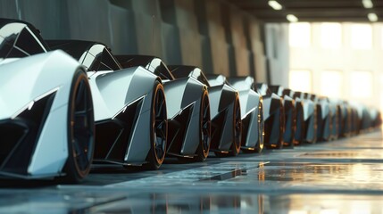 Precisely angular cars of the future lined up side by side. copy space for text. EV station concept.