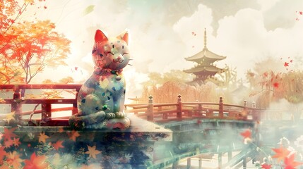 Enchanting Maneki Neko in an Autumnal Watercolor Landscape