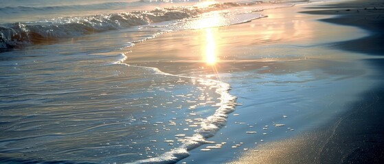 A coastal beach at sunrise with the first rays of sunshine reflecting off the calm ocean waters