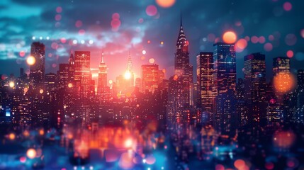Fototapeta premium A bright cityscape at night with skyscrapers illuminated by thousands of lights, creating a vibrant scene
