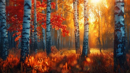 Fototapeta premium A bright autumn forest with leaves in shades of red, orange, and yellow, illuminated by sunlight