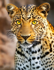 Obraz premium A striking portrait of a leopard with a piercing yellow eye highlighting its fierce and majestic presence
