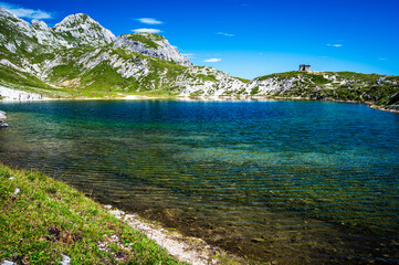 Obraz premium Eastern Dolomites. Sappada, Olbe Lakes. Breathtaking view of the upper Montrgna.