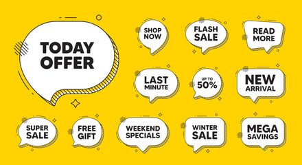 Obraz premium Offer speech bubble icons. Today offer tag. Special sale price sign. Advertising discounts symbol. Today offer chat offer. Speech bubble discount banner. Text box balloon. Vector