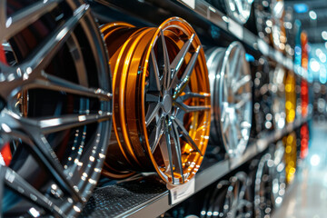 Magnesium alloy wheels designed for stylish, high-performance vehicles in an automotive showcase.. AI generated.