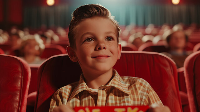 Kind im 60er Jahre Stil schaut auf die Leinwand im Kino