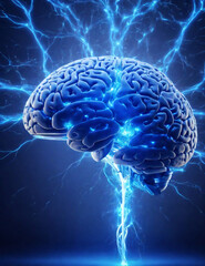 ai brain with electrical impulses coming from it the brain should be by itself and floating in mid air with a single stem coming from below at the end of the stem a bright blue impulse