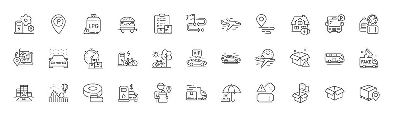 Place, Car wash and Fake news line icons. Pack of Vip transfer, Gps, Parking icon. Flight time, Baggage, Home charging pictogram. Bicycle, Delivery warning, Food delivery. Bus tour. Line icons. Vector