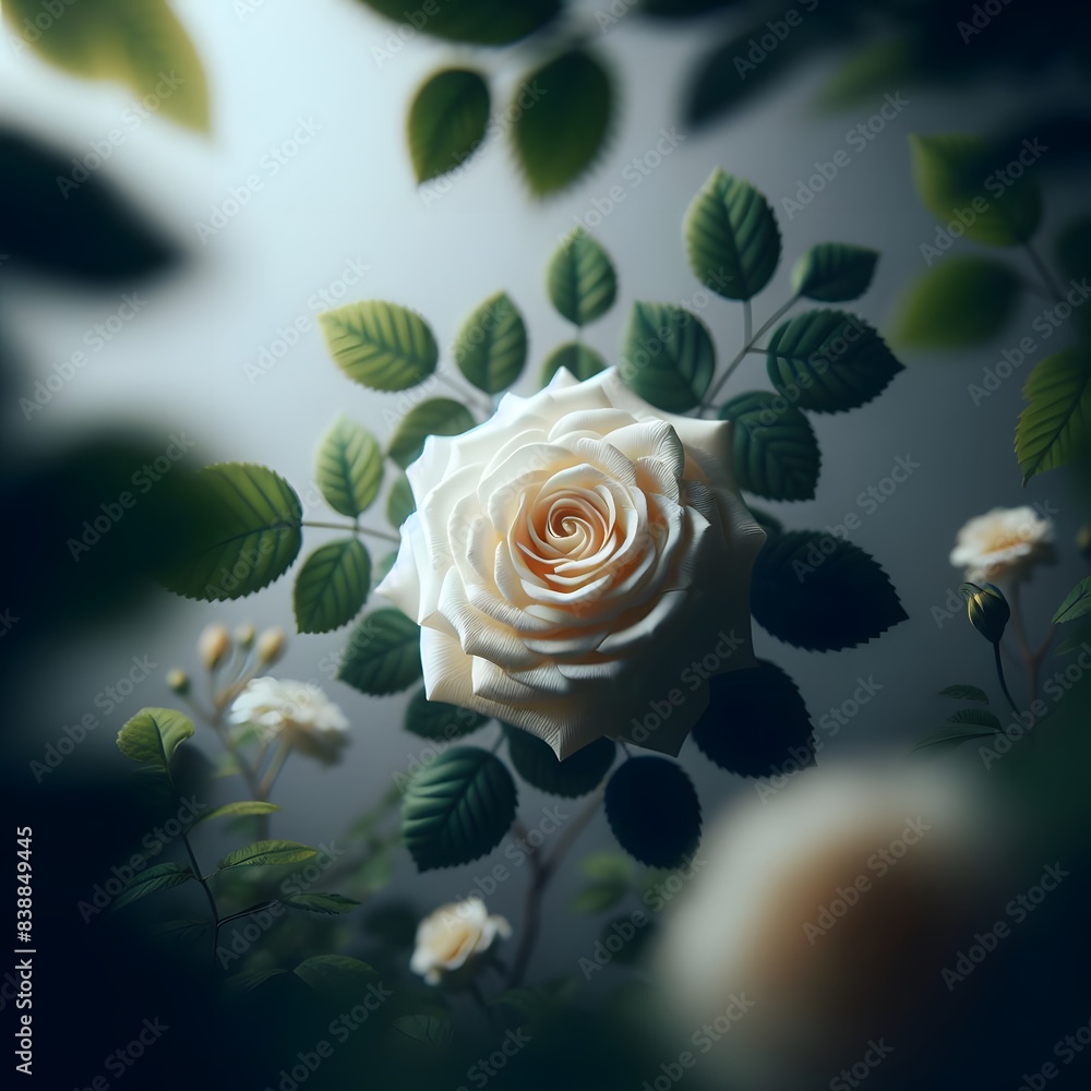 Poster close-up of a branch with blooming white roses surrounded by other trees in the background generated