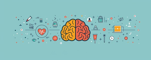 Brain with wellness icons, vibrant tones, flat design, mental health toolkit