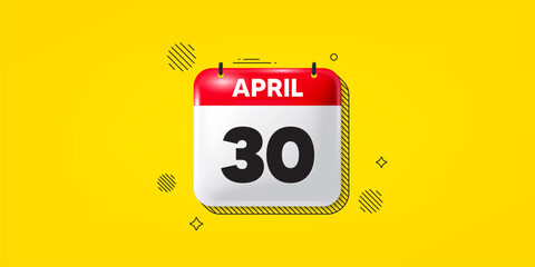 Calendar date of April 3d icon. 30th day of the month icon. Event schedule date. Meeting appointment time. 30th day of April. Calendar month date banner. Day or Monthly page. Vector