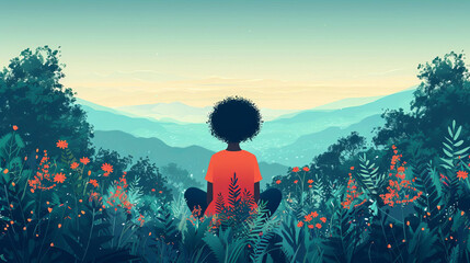 Fototapeta premium A woman hikes a grassy field at sunset, mountains in the distance, feeling free under a vast summer sky