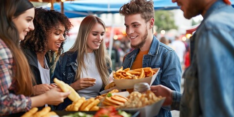 A cheerful friends enjoying fast food together outdoors, smiling and laughing in the urban setting.