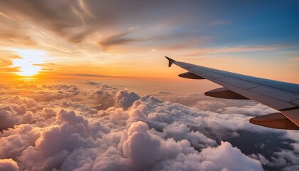 Obraz premium Grainy sky and a plane flying in to the clouds; aircraft with beautiful sunset glow, view from inside an aeroplane for background texture of cloudscape