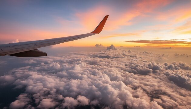 Grainy sky and a plane flying in to the clouds; aircraft with beautiful sunset glow, view from inside an aeroplane for background texture of cloudscape