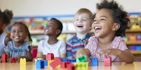 In the kindergarten classroom, children enjoy learning and playing together with colorful toys and friends.