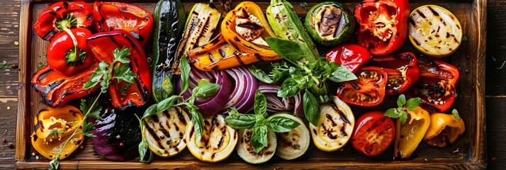 Wooden board with roasted vegetables: zucchini, pepper, onion, aubergine, mushrooms. Tasty summer meal.