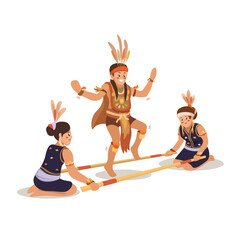 Bamboo Dance Traditional Sabah Borneo Cartoon Illustration Vector