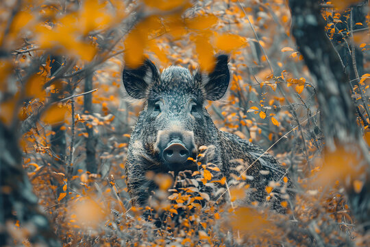wild boar close-up, wild boar's face in the bushes, autumn forest, hunting