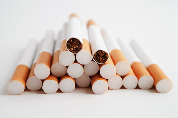 Cigarette, roll tobacco in paper with filter tube, No smoking concept.