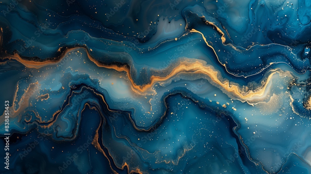 Poster fluid art painting with predominantly gold and blue colors blending in unique patterns and textures.