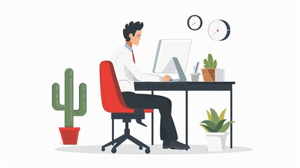 A businessman is seated in a red chair behind a desk in his office, which has a wall clock and a cactus. Character design isolated white in a vector flat illustration. businessperson using a computer.