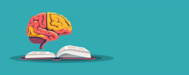 Brain with book, bright colors, flat design, knowledge growth