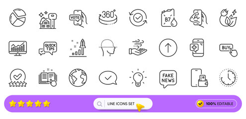 Face scanning, Buying house and Buy button line icons for web app. Pack of Pie chart, Time, Medical phone pictogram icons. Fake news, Phone wallet, Statistics signs. Diesel canister. Vector