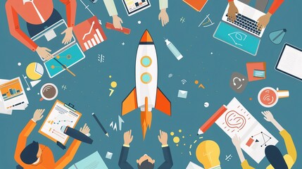 Cartoon drawing of a successful startup team, top view