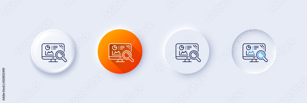 Poster seo statistics line icon. neumorphic, orange gradient, 3d pin buttons. search engine sign. analytics