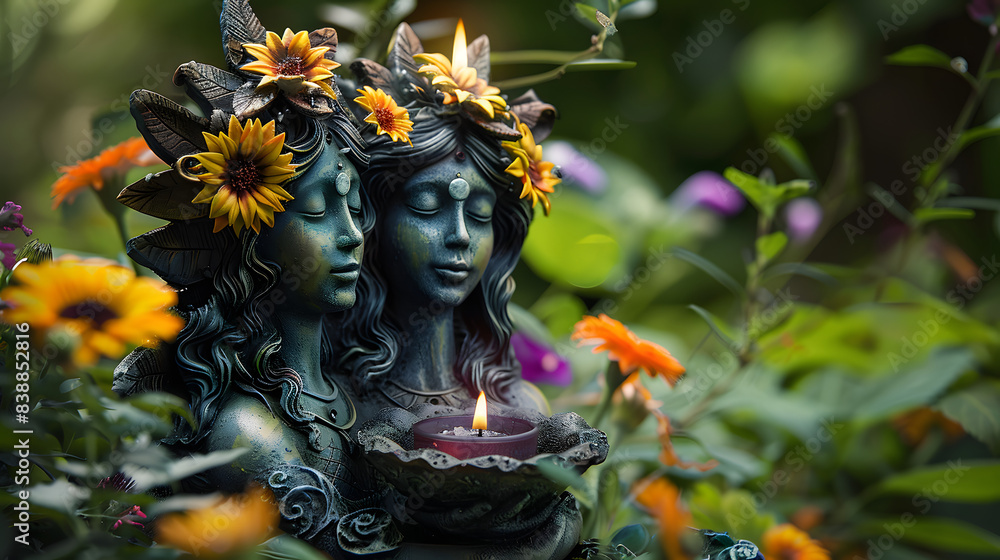 Wall mural triple goddess figurine with candle and colorful flowers in garden, nature background. symbol of the